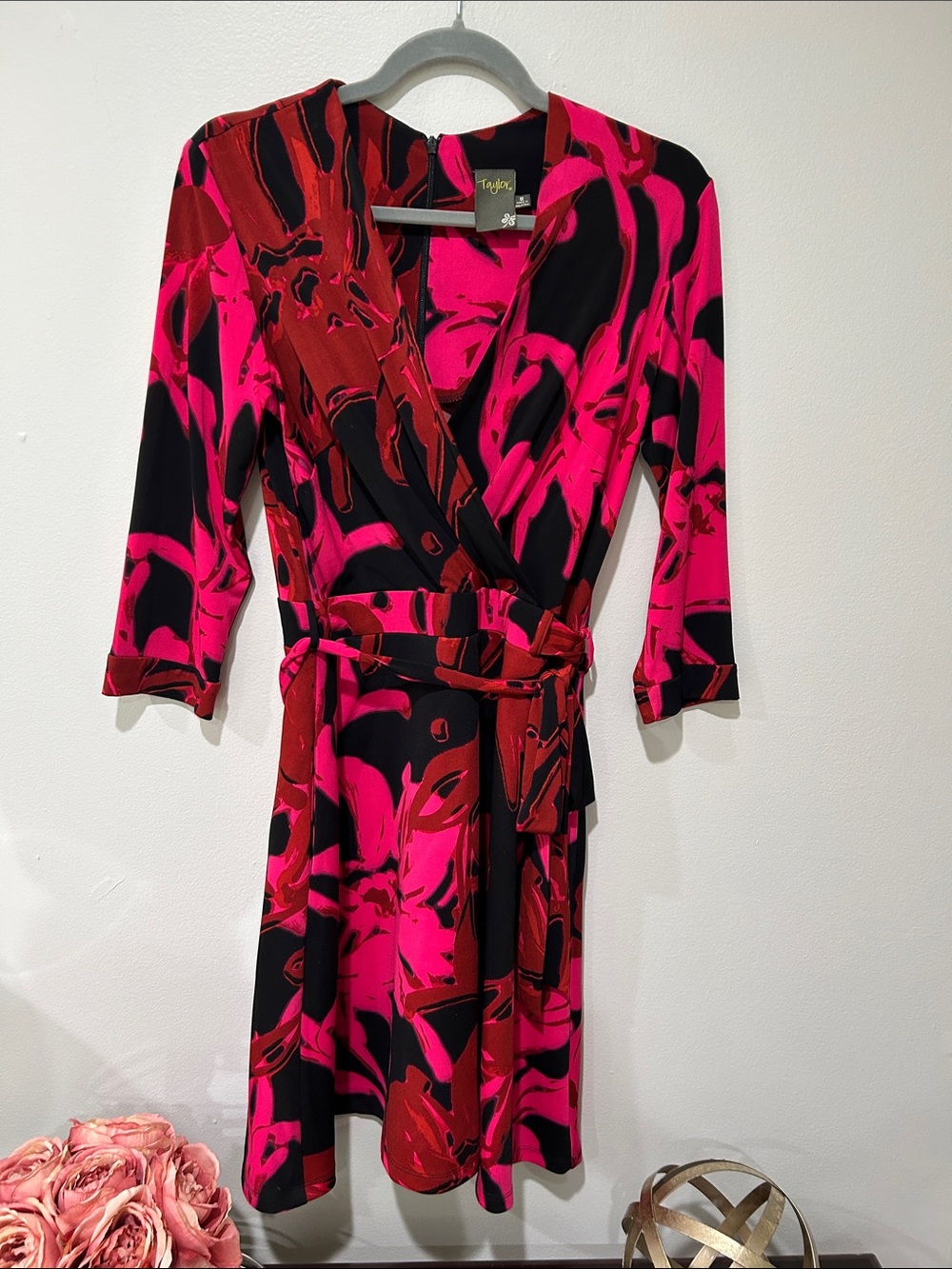 Taylor Pink and Red Floral-Print Wrap Dress with Black Details